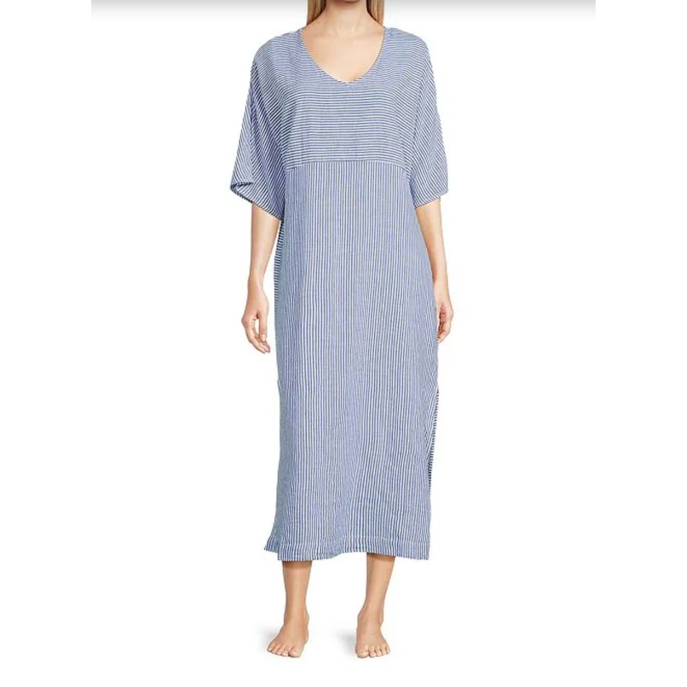 Kate Landry Caftan Dress Womens S/M Blue Striped Dobby Minimal Coastal Lagenlook